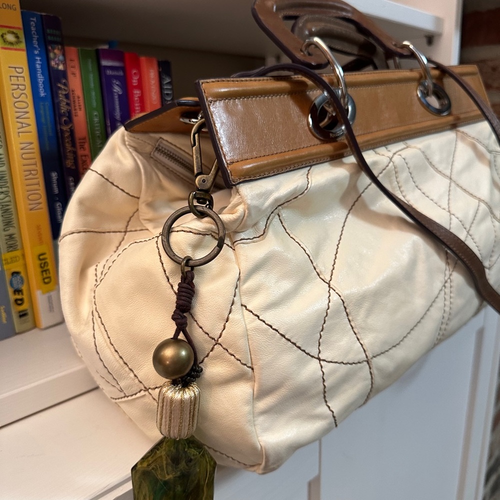 Francesco Biasia Cream Quilted Shoulder Bag with Tan Trim